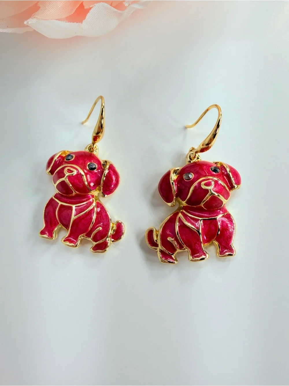 Gold-Trim Red Puppy Dog Drop Earrings - Fashion Pet Jewelry